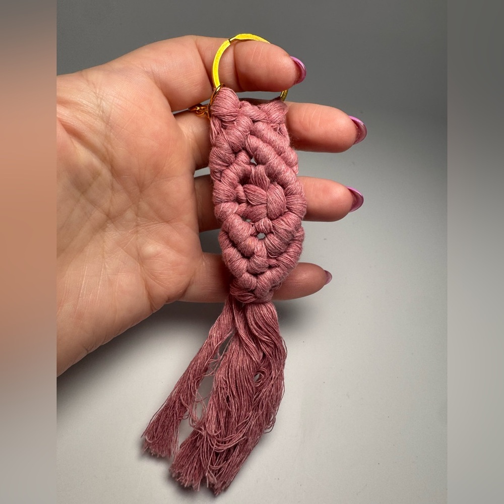 Mauve Pink Macrame Keychain Tassel Woven Bag Charm w/Gold Key Ring | Gifts